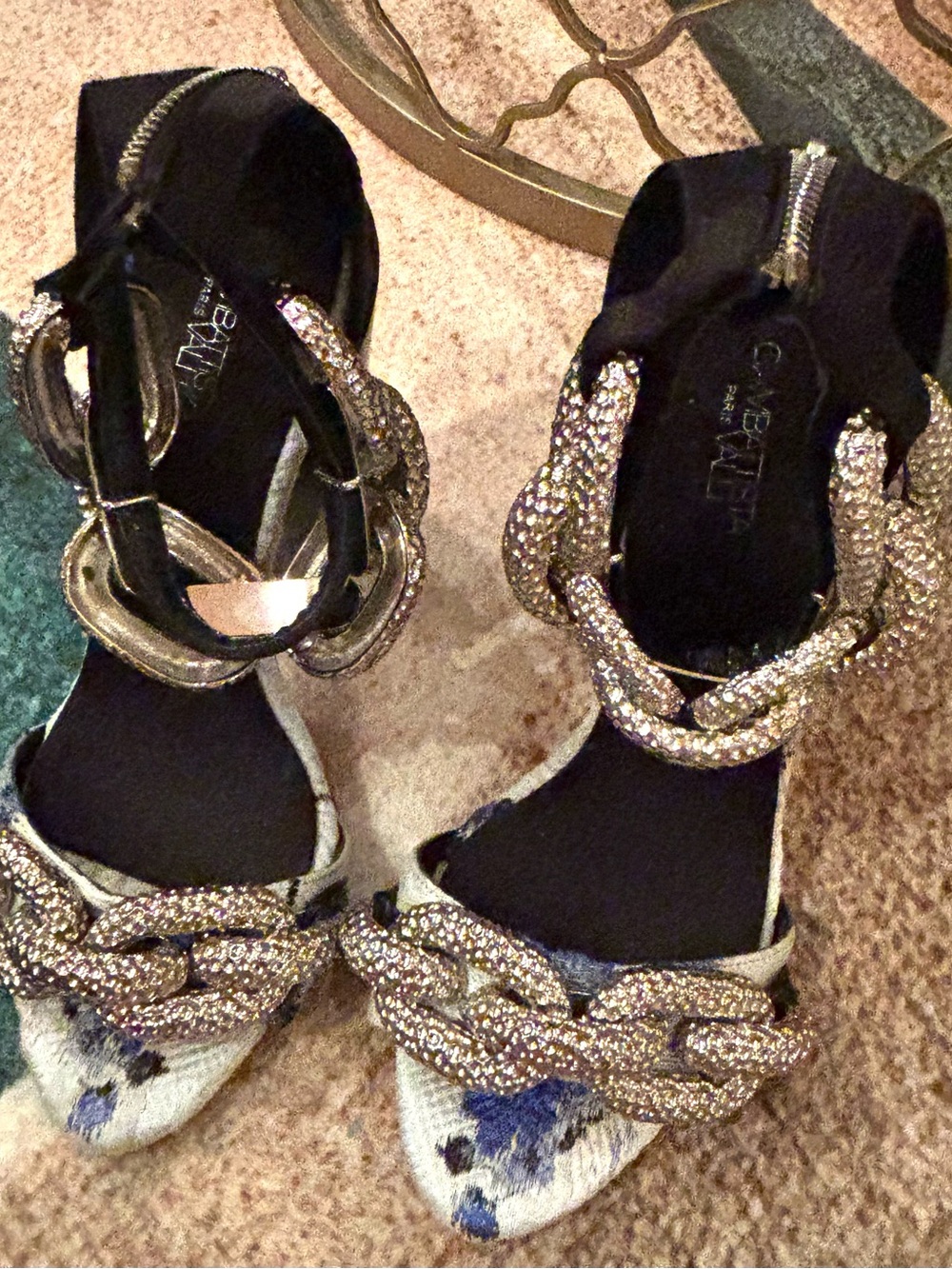 Embellished Braided Strap Black and Silver Women’s Heels